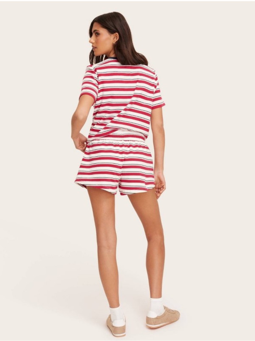 Women’s HIGH RISE Drawstring pull on shorts red / navy STRIPED - Picture 4 of 5